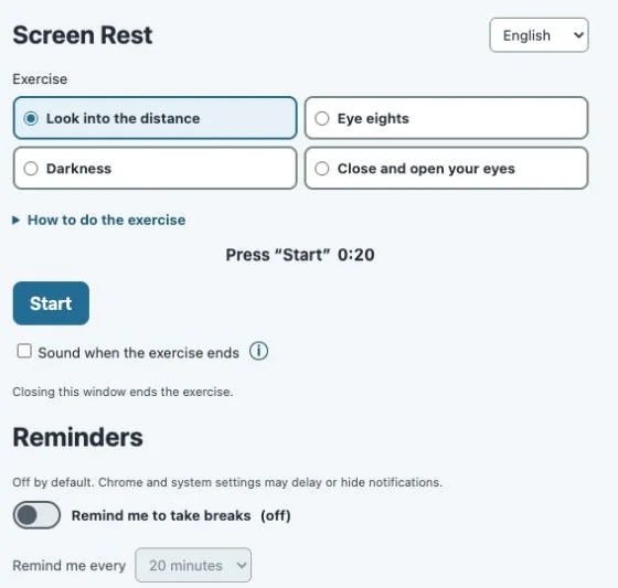 Exercise menu in the extension